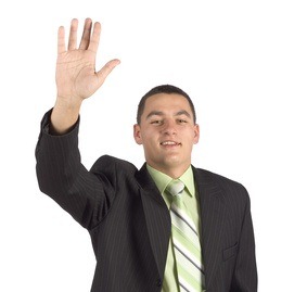 businessman with notebook - hand up